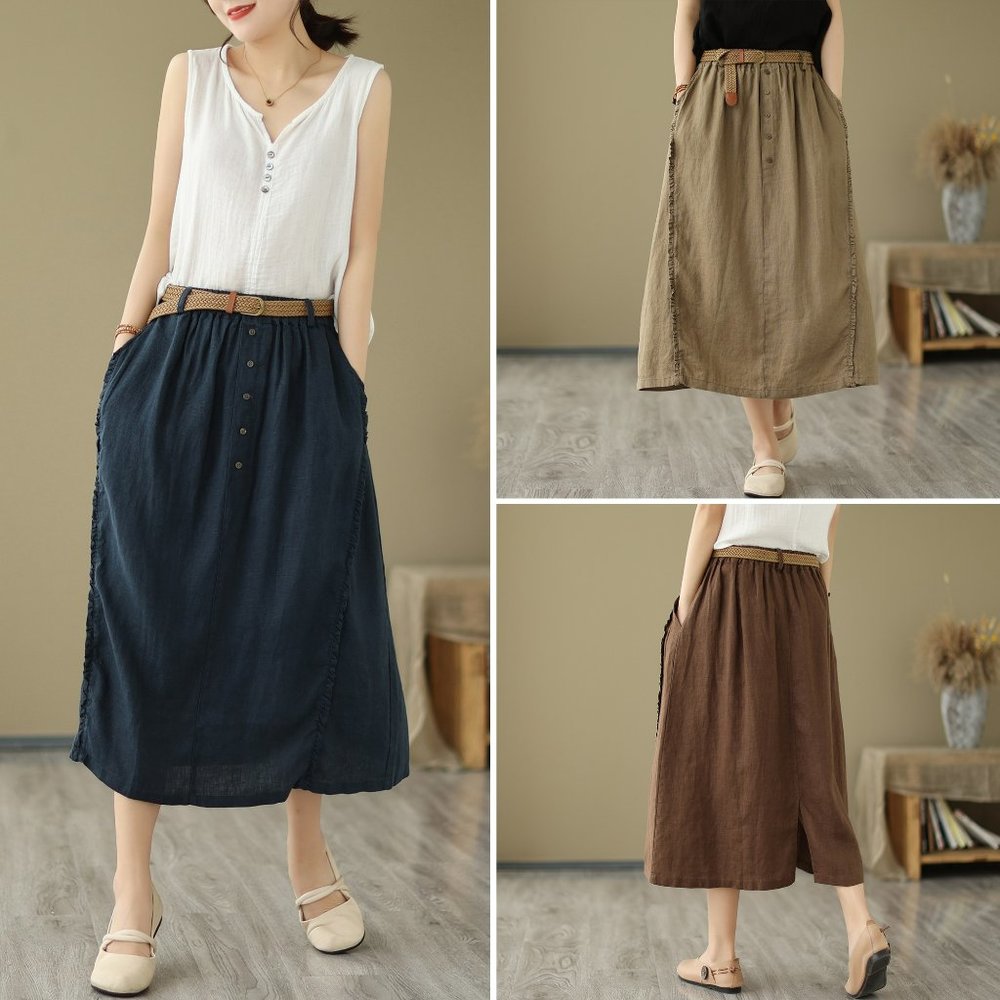 Cotton Linen Midi Skirt Women with Belt, Midi Skirt with Pockets